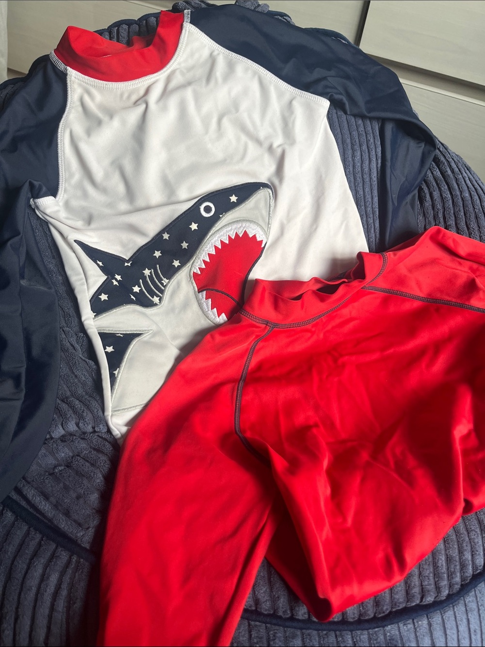 Kids Shark Rash Guard/Swim Shirt Set in Red, White & Navy